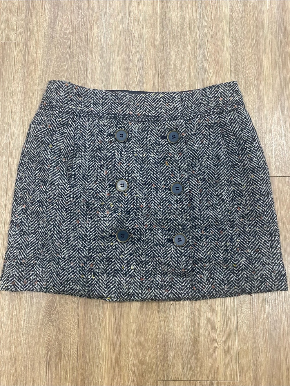 LOFT Gray Herringbone Double-Breasted Mini Skirt